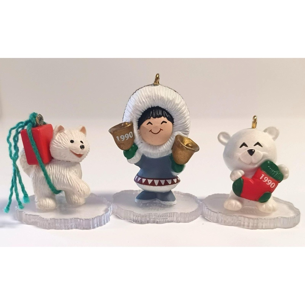 Vtg 1990 Hallmark Frosty Friends Miniature Ornaments Lot 3 Eskimo Polar Bear Dog